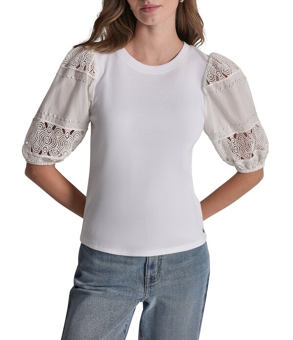 ダナキャラン レディース トップス シャツ クルーネック レース ニット ジーンズ DKNY Jeans by Donna Karan Jeans Knit Crew Neck Elbow Length Laceyelet Puff Sleeve Top White ホワイト