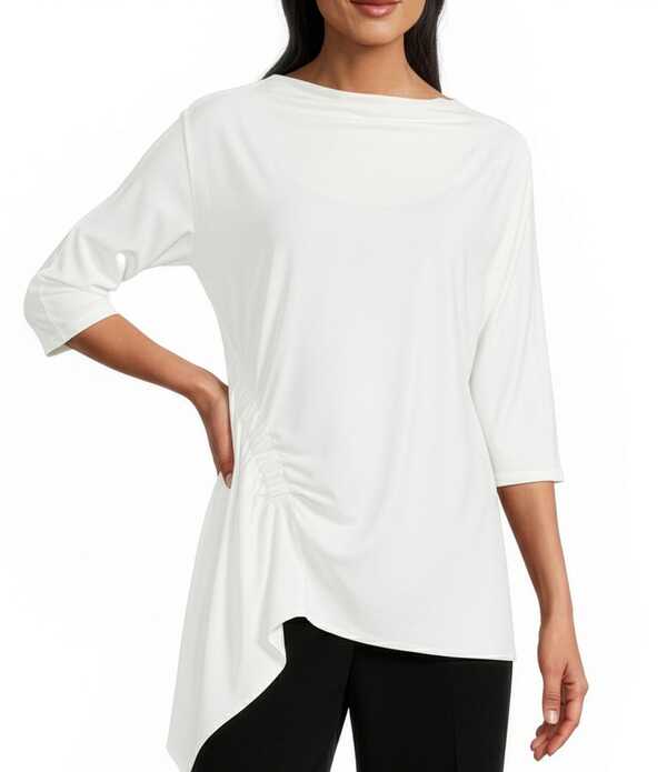 アイシーコレクション レディース トップス シャツ ドレープ ギャザー ニット ICollection Knit Cowl Neck 3/4 Sleeve Ruchedrape Top White ホワイト|ReVida 店