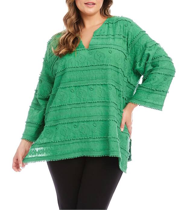 カレンケーン レディース トップス シャツ Vネック プラスサイズ 刺繍 Karen Kane Plusize All Over Embroidered Split V-Neck 3/4 Sleeve Tunic Green グリーン｜ReVida 店 28,470円