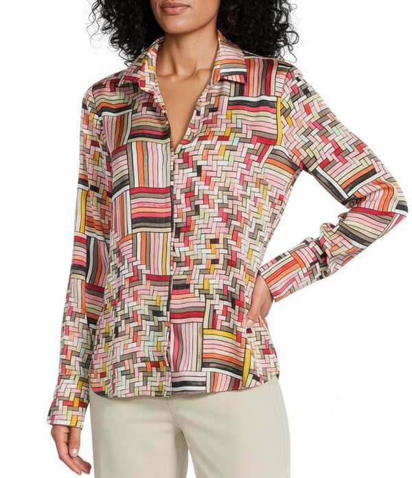 ニックアンドゾー レディース トップス シャツ NIC + ZOE Colorweave Shirt Collar Long Sleeve Button Front Shirt Pink Multi ピンク｜ReVida 店