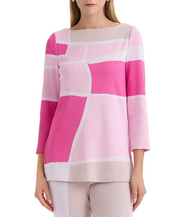 ミンウォン レディース トップス カットソー カラーブロック Ming Wang Colorblock Jacquard Boat Neck Bracelet Sleeve Tunic Rose/Pink/Limestone/White ホワイト