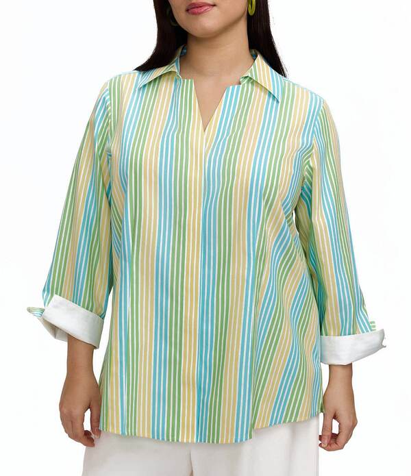 フォックスクラフト レディース トップス シャツ プラスサイズ Foxcroft Plusize Taylor Ombre Stripe Point Collar 3/4 Sleeve Button-Front Shirt Multi マルチカラー｜ReVida 店