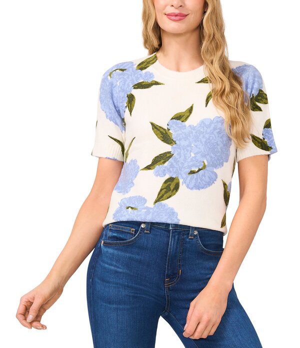 セセ レディース アウター 編み物・プルオーバー お花柄 刷り上げる お花 CeCe Knit Floral Print Round Neck Short Sleeve Top New Ivory 象牙色 トップス-レディースファッション-ニット・セーター