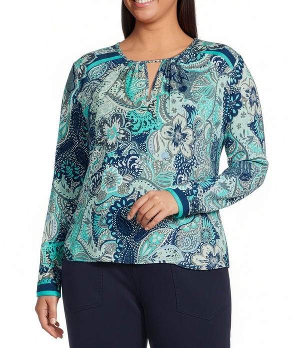 リヴァプール ロサンゼルス レディース トップス シャツ プラスサイズ ブラウス Liverpoolos Angeles Plusize Woven Paisley Keyhole Neck Long Sleeve Blouse Aqua Blue Multi ブルー｜ReVida 店