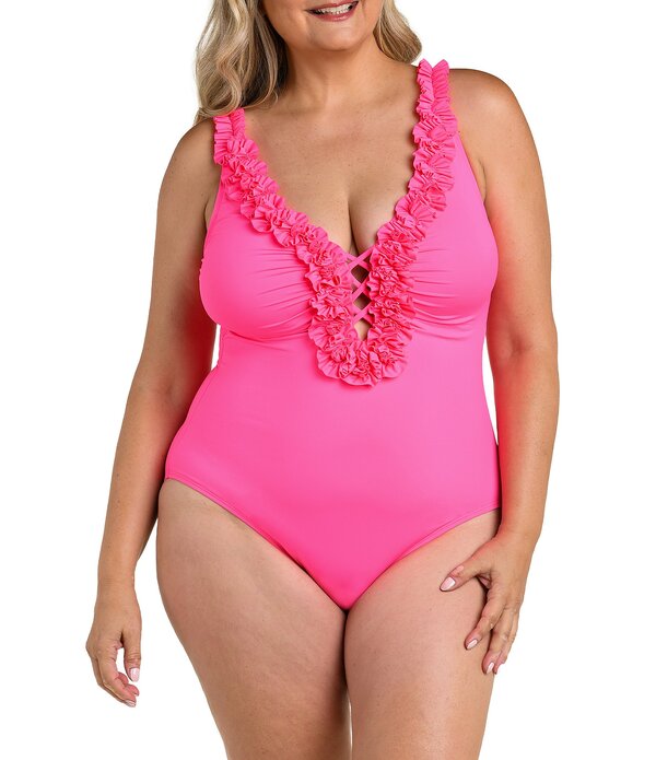 ラブランカ レディース トップス ワンピース プラスサイズ フリル La Blanca Plusize Island Goddess Ruffle Plunge Tummy Control One Piece Swimsuit Bright Pink ピンク