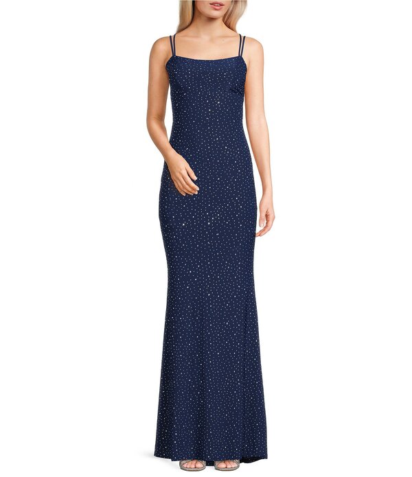 ジャンプ レディース トップス ワンピース レース Jump Rhinestone Square Neck Spaghetti Strap Lace Up Back Long Dress Navy ネイビー
