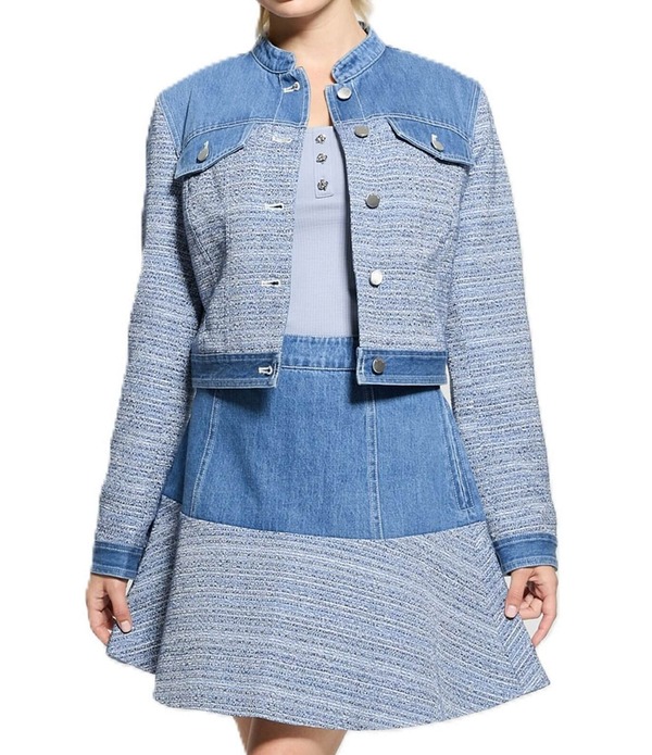 ゲス レディース アウター 厚地の外套 ツィード クロップド ジーンズ 上衣 Guess Elsie Tweed Mix Cropped Coordinating Denim Jacket Blue Indigo Tweed Combo インディゴ