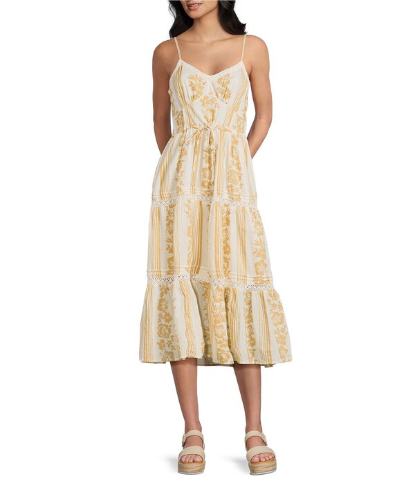 ロキシー レディース トップス 衣装 A 伝達ルート 刷り上げる midi Roxy Azalea Stripe Printed Long A-Line Midi Dress Curry 縞模様