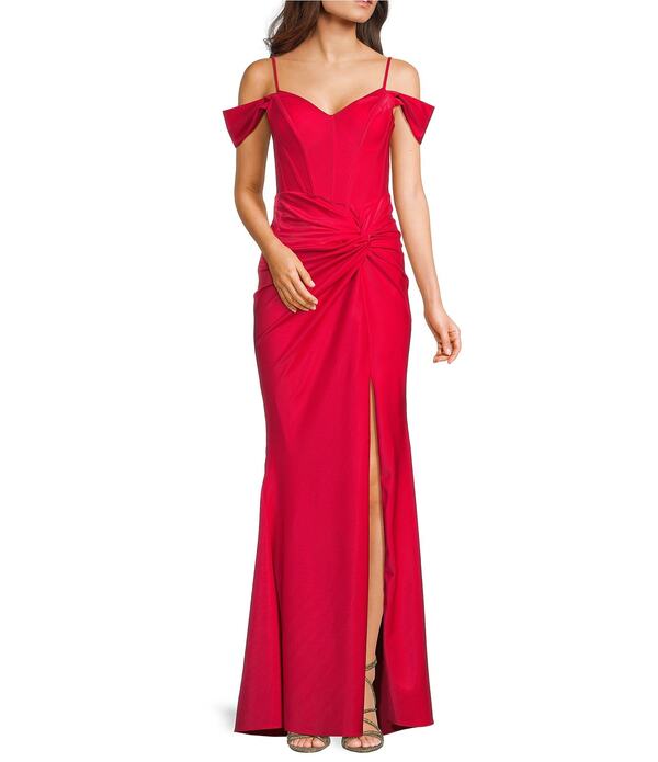 ビーダーリン レディース トップス ワンピース サイドスリット B. Darlin Off-The-Shoulder Sweetheart Neck Corseted Twist Front Side Slit Long Dress Red レッド｜ReVida 店