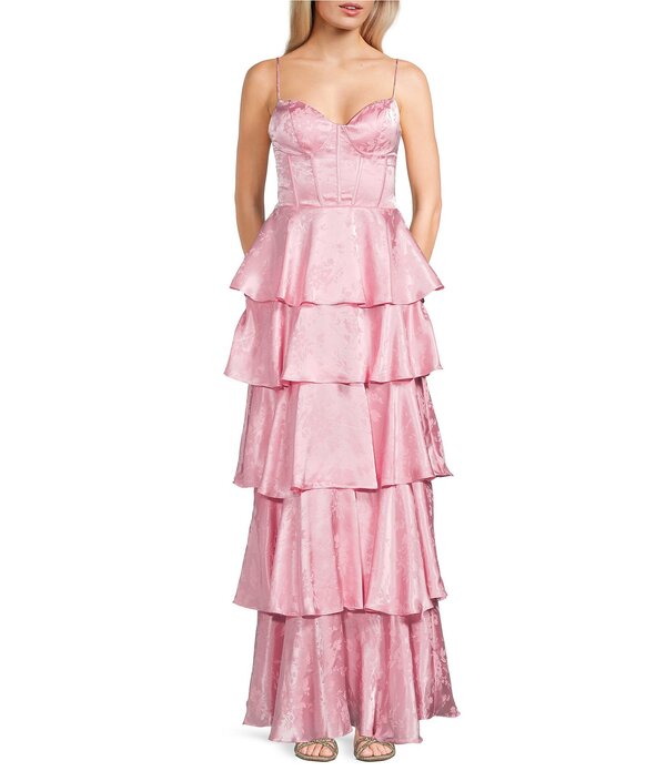 ビーダーリン レディース トップス ワンピース ティアード フラワー柄 プリント フリル フラワー B. Darlin Floral Printed Sweetheart Neck Corseted Tiered Ruffle Long Dress Dark Pink ピンク
