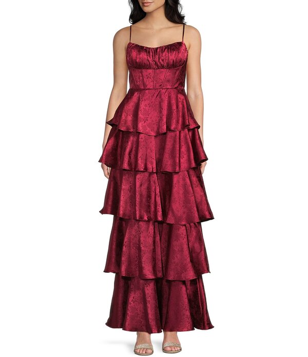 ビーダーリン レディース トップス ワンピース ティアード フラワー柄 プリント フリル フラワー B. Darlin Floral Printed Jacquard Scoop Neck Corseted Tiered Ruffle Long Dress Wine ワイン｜ReVida 店 13,125円