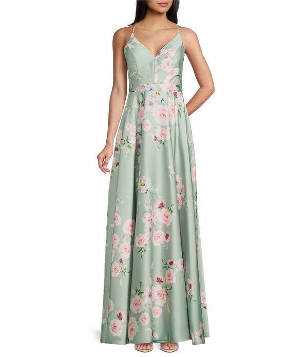 ビーダーリン レディース トップス ワンピース Vネック フラワー柄 プリント フラワー B. Darlin Floral Printed V-Neck Long Dressage/Multi セージ｜ReVida 店