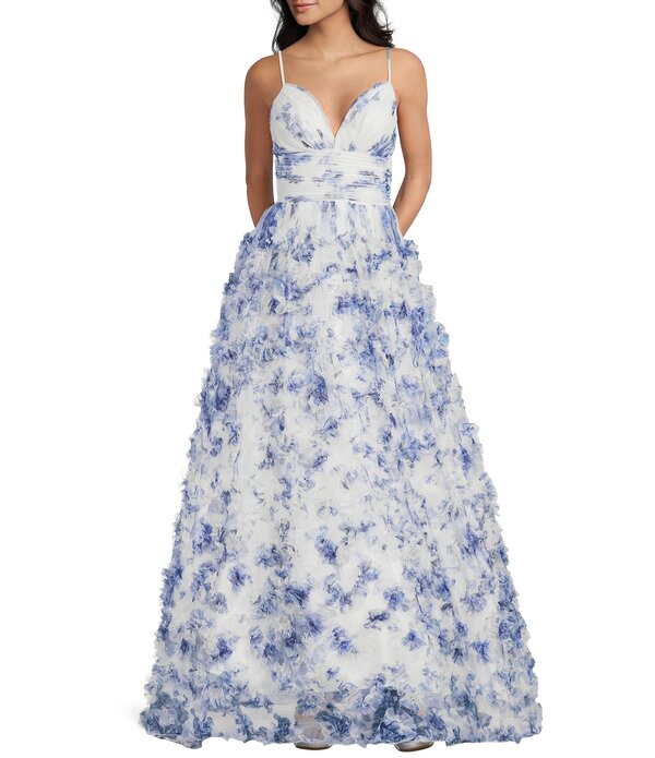 ビーダーリン レディース トップス ワンピース Vネック フラワー柄 プリーツ プリント フリル フラワー B. Darlin Floral Printed V-Neck Pleated Ruffle Ballgown Off-White/Royal オフホワイト