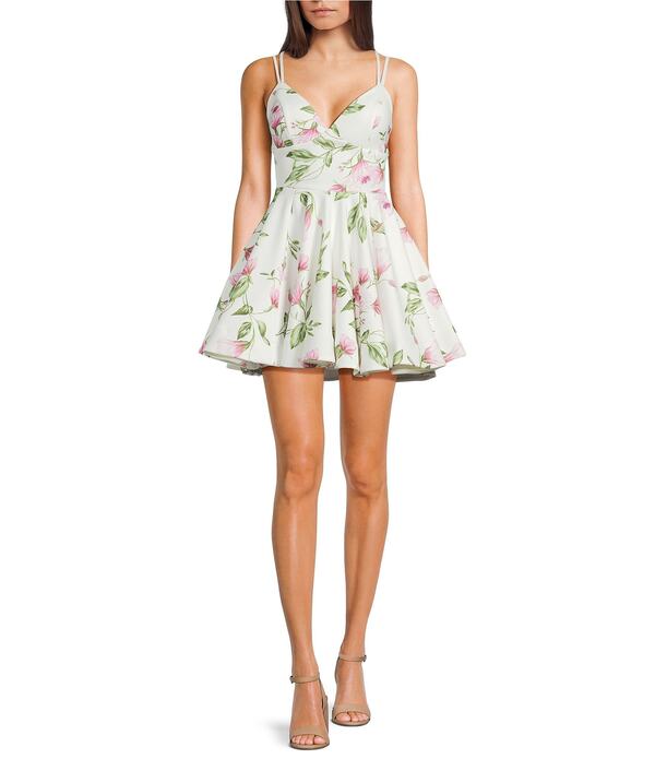 ビーダーリン レディース トップス ワンピース Vネック フラワー柄 プリント フラワー B. Darlin Floral Printed V-Neck Fit-And-Flare Dress Off-White/Fuchsia オフホワイト|ReVida 店