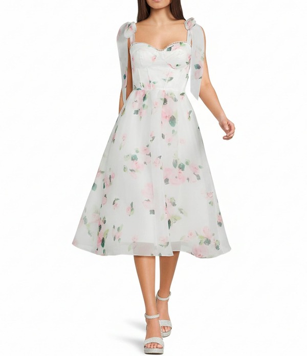 ビーダーリン レディース トップス ワンピース フラワー柄 プリント ミディ フラワー B. Darlin Floral Printed Sweetheart Neck Trim Tie-Shoulder Corseted Midi Dress White/Pink/Off-White オフホワイト