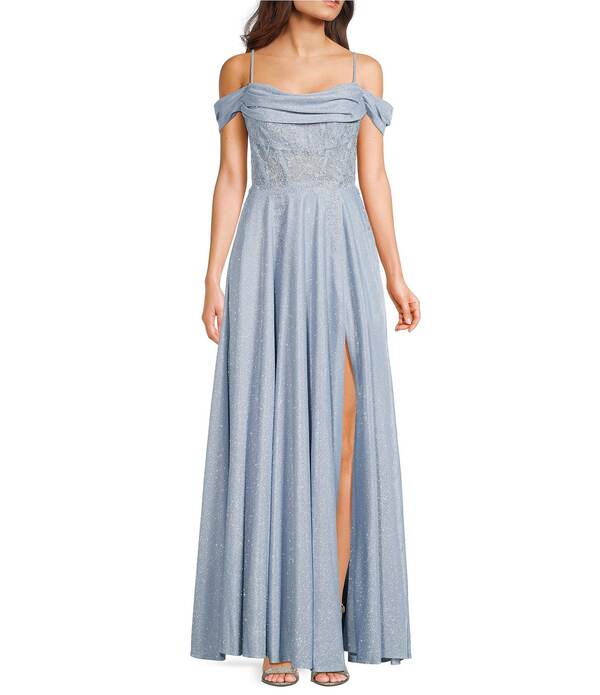 シティヴァイブ レディース トップス ワンピース サイドスリット ドレープ レース City Vibe Off-The-Shoulder Drape Neck Illusion Appliqued Waist Side Slit Lace Up Back Dress Pale Blue ブルー