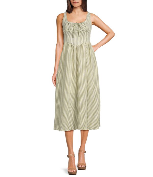 ブルーペッペーブルーペッパー レディース トップス ワンピース ギンガムチェック ミディ ギンガム Blu Pepper Gingham Square Neck Tie Front Midi Dress Olive オリーブ|ReVida 店