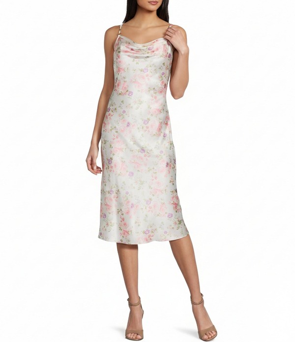 ジャンプ レディース トップス ワンピース フラワー柄 プリント ミディ フラワー Jump Floral Printed Cowl Neck Midi Dress Ivory/Purple アイボリー｜ReVida 店