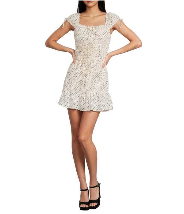 ジービー レディース トップス ワンピース タイディテール プリント ミニ キャップ リネン GB Dot Print Linen Blend Square Neck Cap Sleeve Tie Detail Mini Dress Beige ベージュ