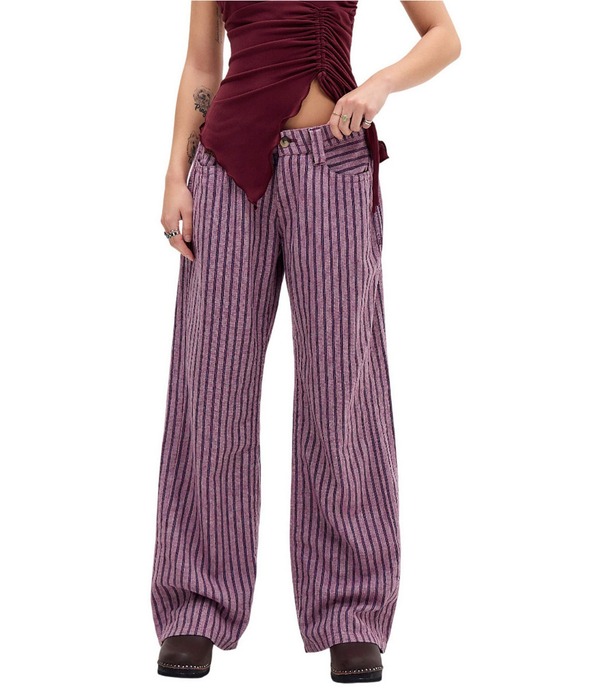 アーバンアウトフィッターズ レディース ボトムス カジュアルパンツ ストレート ローライズ リネン BDG Urban Outfitters Kayla Striped Low Rise 5-Pocket Straight Leg Linen Pants Purple パープル