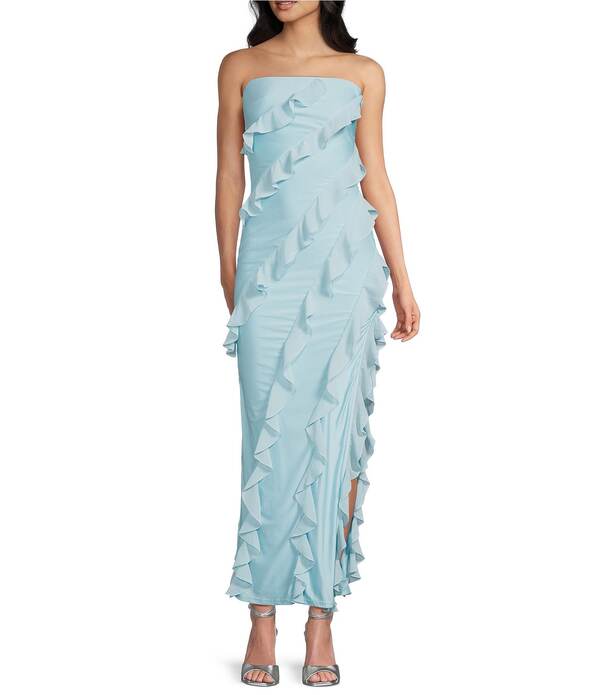 ルルズ レディース トップス 衣装 シフォン フラウンス ストラップレス マキシ Lulus Freya Chiffon Strapless Neck Ruffle Maxi Dress Light Blue 青み