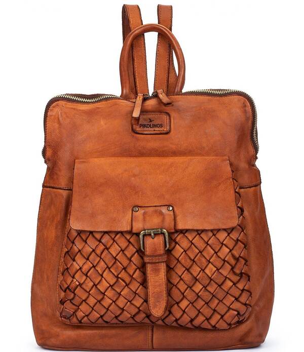 ピコリーノス レディース 御徒面子 うしろ側容器に並べる・背嚢 なめし革 Pikolinos Faura Leather Woven Backpack Cognac