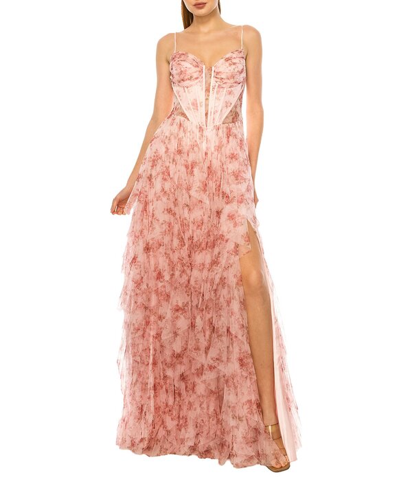 ビーダーリン レディース トップス ワンピース フラワー柄 プリント フリル メッシュ フラワー B. Darlin Floral Printed Mesh Sweetheart Neck Corseted Ruffle Long Dress Blush ブラッシュ
