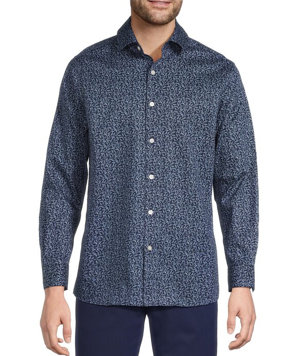 ハート型 シャフナー チーコ川 メンズ トップス プルオーバー 刷り上げる Hart Schaffner Marx Long Sleeve Leaf Print Button Front Shirt Midnight Blue 青色