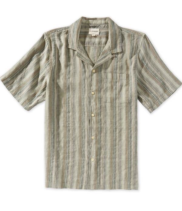 ラッキーブランド メンズ トップス シャツ リネン Lucky Brand Striped Short Sleeve Linen Blend Shirt Olive Multi オリーブ｜ReVida 店