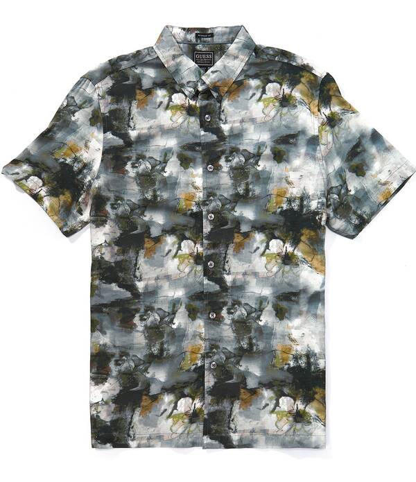 ゲス メンズ トップス シャツ フラワー柄 プリント フラワー Guess Abstract/Floral Printed Short Sleeve Woven Shirt Alluvium｜ReVida 店
