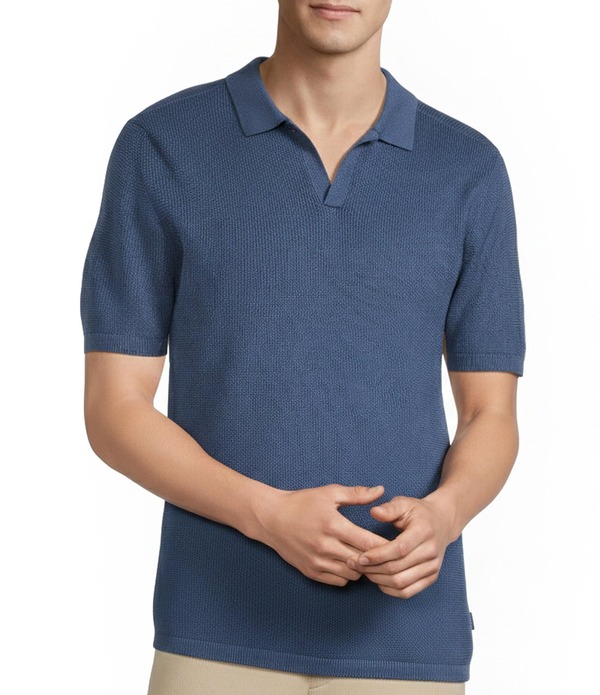 ラウン メンズ トップス シャツ セーター ニット Rowm Short Sleeve Textured Solid Johnny Collar Knit Sweater Shirt Blue ブルー