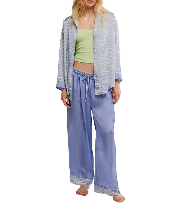 フリーピープル レディース アンダーウェア ナイトウェア ワイドレッグ プリント サテン Free People Dreamy Days Heart Geo Print Satinotch Collar Long Sleeve Wide Leg Oversized Pajama Set Lime Kiwi Combo ライム 27,860円