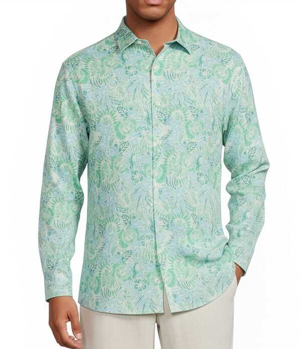 カリビアン メンズ トップス プルオーバー 刷り上げる Caribbean Leaf Print Long Sleeve Woven Shirt Mint ペパーミント