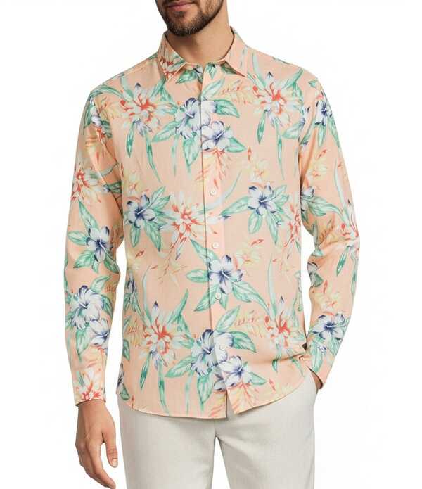 カリビアン メンズ トップス プルオーバー 刷り上げる Caribbean Tropicaleaf Print Long Sleeve Woven Shirt Peach 桃