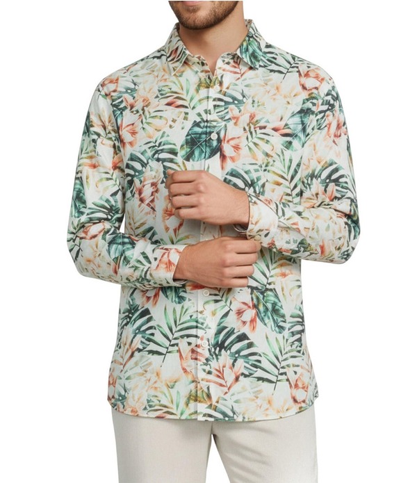 カリビアン メンズ トップス プルオーバー 刷り上げる Caribbean Water Color Leaf Print Long Sleeve Woven Shirt White 白いこと