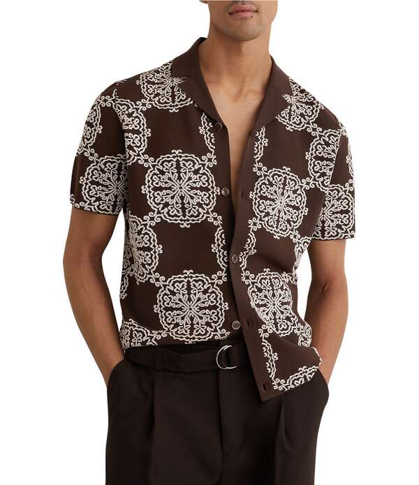 レイス メンズ トップス シャツ プリント Reiss Mosaic Print Short Sleeve Woven Shirtobacco Brown/White ホワイト｜ReVida 店 34,970円