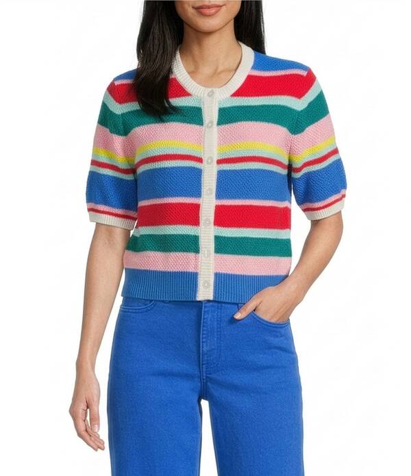 カッパーキー レディース アウター ニット・セーター カーディガン Copper Key Short Sleeve Button Front Striped Cardigan Multi マルチカラー