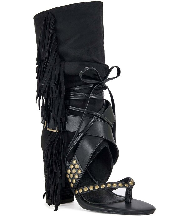 アザレア ワン レディース シューズ サンダル ブーツ フリンジ Azalea Wang Wilano Fringed Slouch Shaft Studded Thong Booties Black ブラック｜ReVida 店