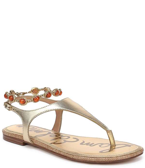 サムエデルマン レディース シューズ サンダル トール アンクル なめし革 Sam Edelman Canna 2 Metallic Leather Embellished Anklet-Strap Flat Sandals Amber Gold 黄金色 コンフォートサンダル-靴-サンダル