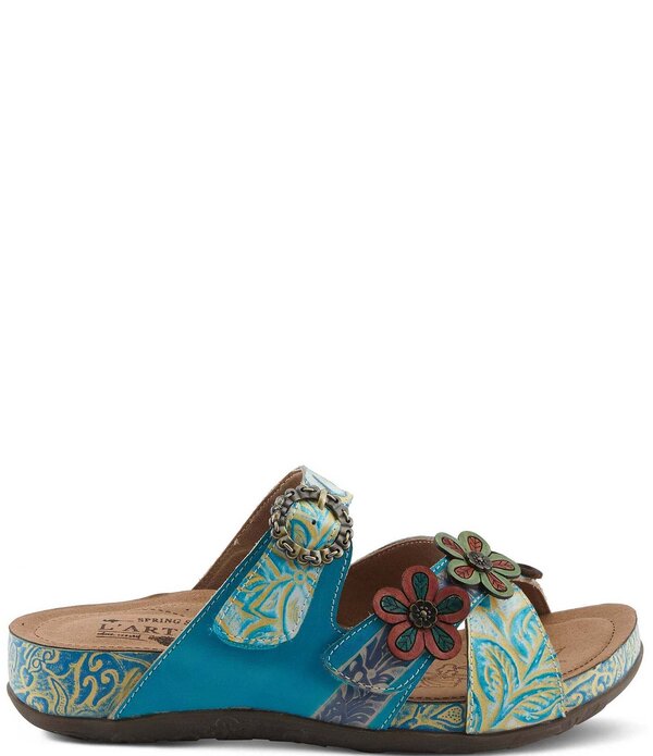 ラリティステ レディース シューズ サンダル レザー L'ARTISTE Caelana Leather Flower Detailed Slide Sandals Turquoise Multi ターコイズ｜ReVida 店