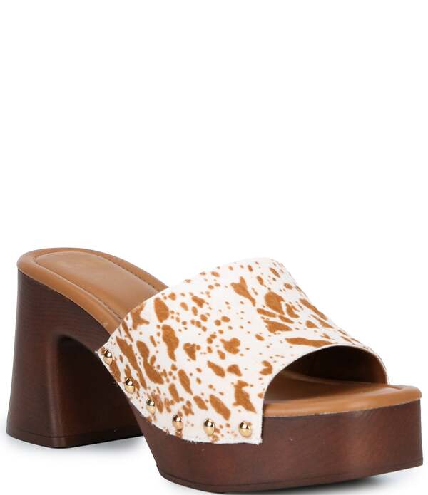 ジービー レディース シューズ サンダル プラットフォーム プリント GBuck-Aroo Speckled Cow Print Haircalf Wood Platform Sandals Tan タン