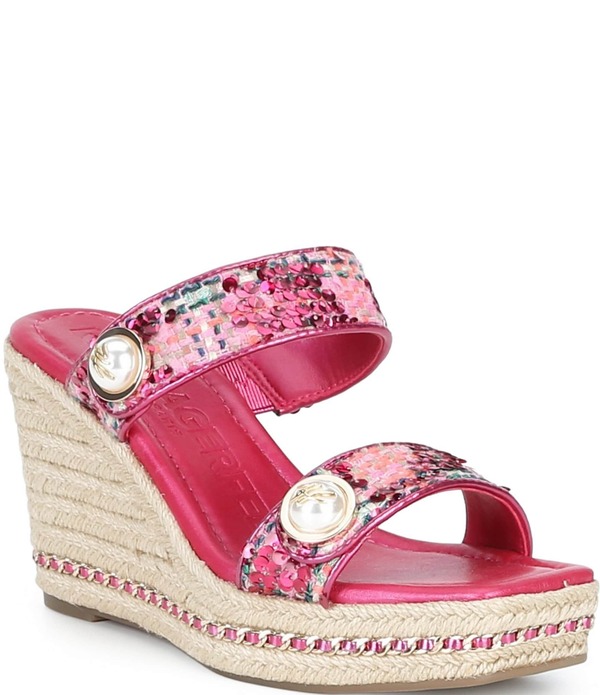 長い巻き毛 ラガーフェルド レディース シューズ スリッポン・ローファー サンダル KARLAGERFELD PARIS Carsen Boucle Pearl Banded Slip On Wedge Sandals Hot Pink サクラ色 靴-レディース靴