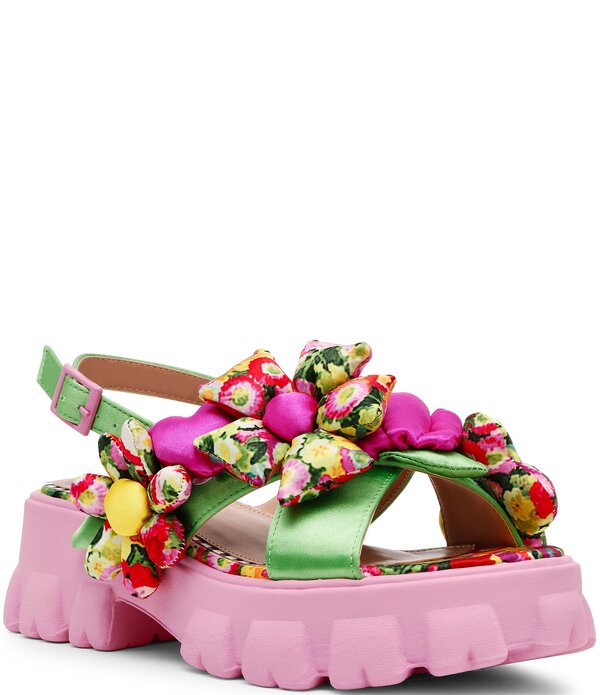 ベッツィジョンソン レディース シューズ サンダル プラットホーム Betsey Johnson Jeromy Puffy Flower Platform Sandals Green Floral/Multi 緑であること コンフォートサンダル-靴-サンダル