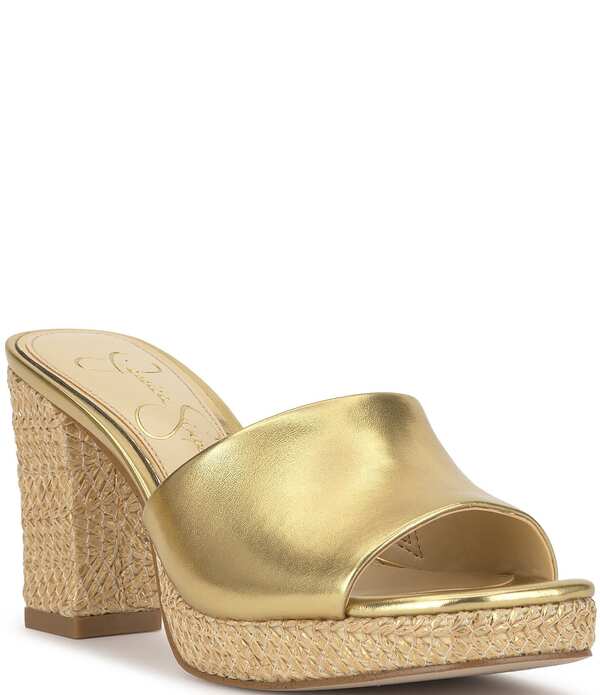 ジェシカシンプソン レディース シューズ サンダル プラットホーム 踵 Jessica Simpson Elyzza Raffia Platform Block Heel Square Toe Slide Sandals Gold ゴールド