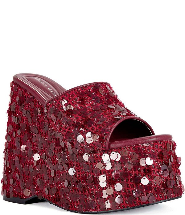 アザレア 一 レディース シューズ サンダル プラットホーム スパンコール Azalea Wang Betsey Sequined Platform Wedge Slide Sandals Red 赤いこと