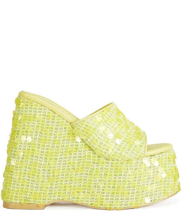 アザレア 一 レディース シューズ サンダル プラットホーム スパンコール Azalea Wang Betsey Sequined Platform Wedge Slide Sandals Yellow 黄色