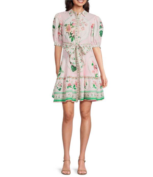 エーラブズエー レディース トップス ワンピース フラワー柄 プリント ミニ リネン フラワー A Loves A Floral Printed Linen Point Collar Short Bubble Sleeve Button Frontie Waist Mini Dress Pink Petal ピンク