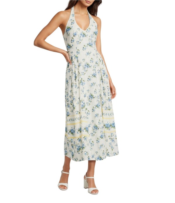 ジャンビニ レディース トップス 衣装 御花柄 midi ノースリーブ リネン 御花 ホルター Gianni Biniris Floralinen Halter Neck Sleeveless Drop Waist Midi Dress Bluebell