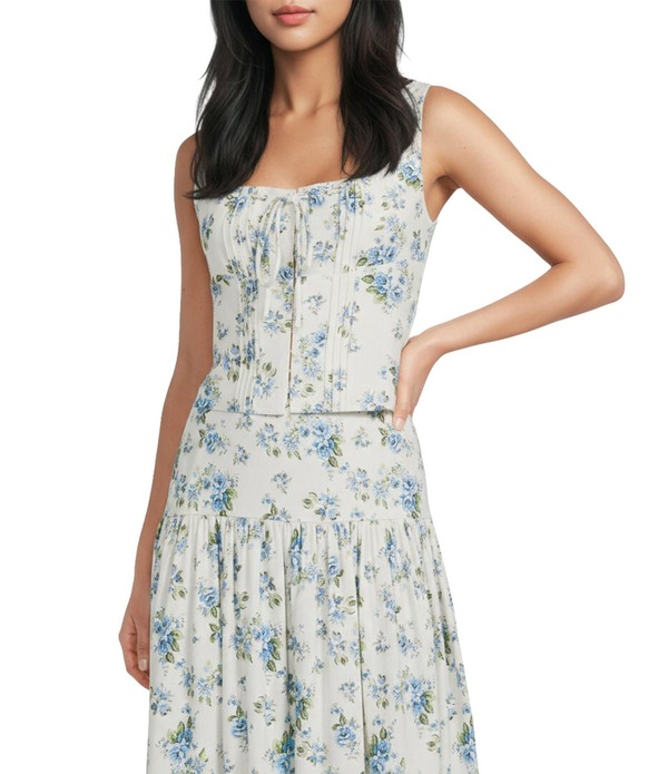 ジャンビニ レディース トップス シャツ フラワー柄 リネン フラワー Gianni Bini Juhi Floralinen Square Neck Coordinating Corsetop Bluebell|ReVida 店