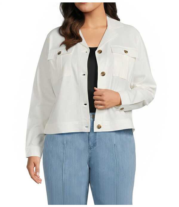 イントロ レディース アウター コート プラスサイズ ジャケット Intro Plusize Stretch Slub Weave Notch Collar Long Sleeveasy Fit Button-Front Jacket Marshmallow
